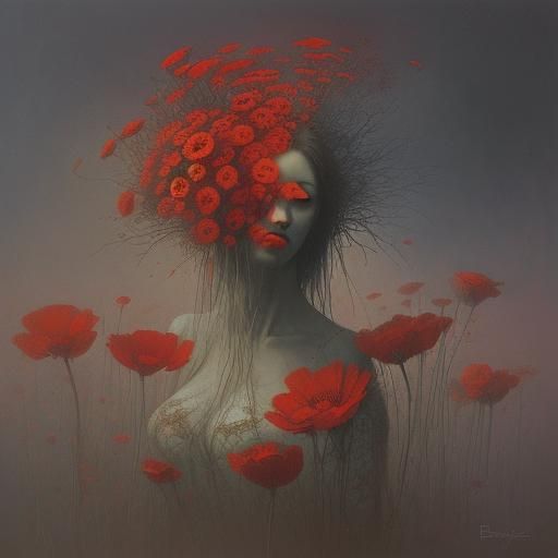 Surreal Flowers in Dark Dystopian Landscape