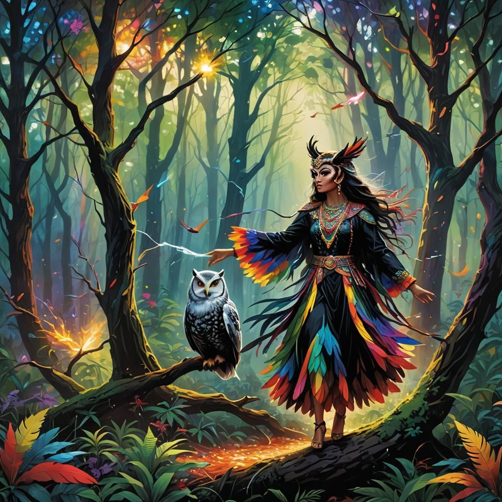 Mystical Rainbow Owl in Cubist Forest
