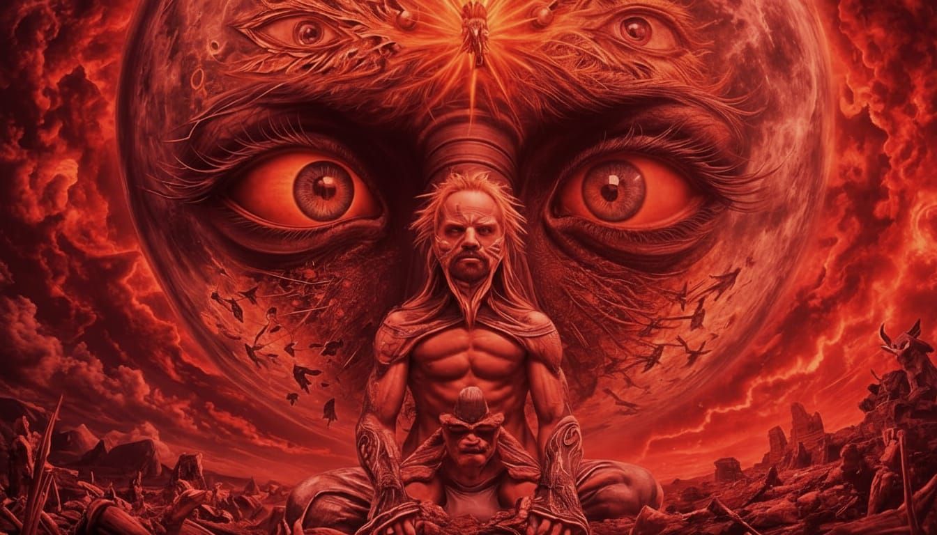 Mutated Man with Fiery Eyes in Dreamscape