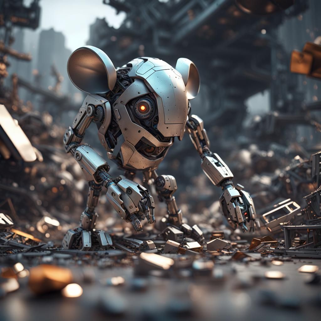 Dystopian Robot Mouse in Sci-Fi Landscape