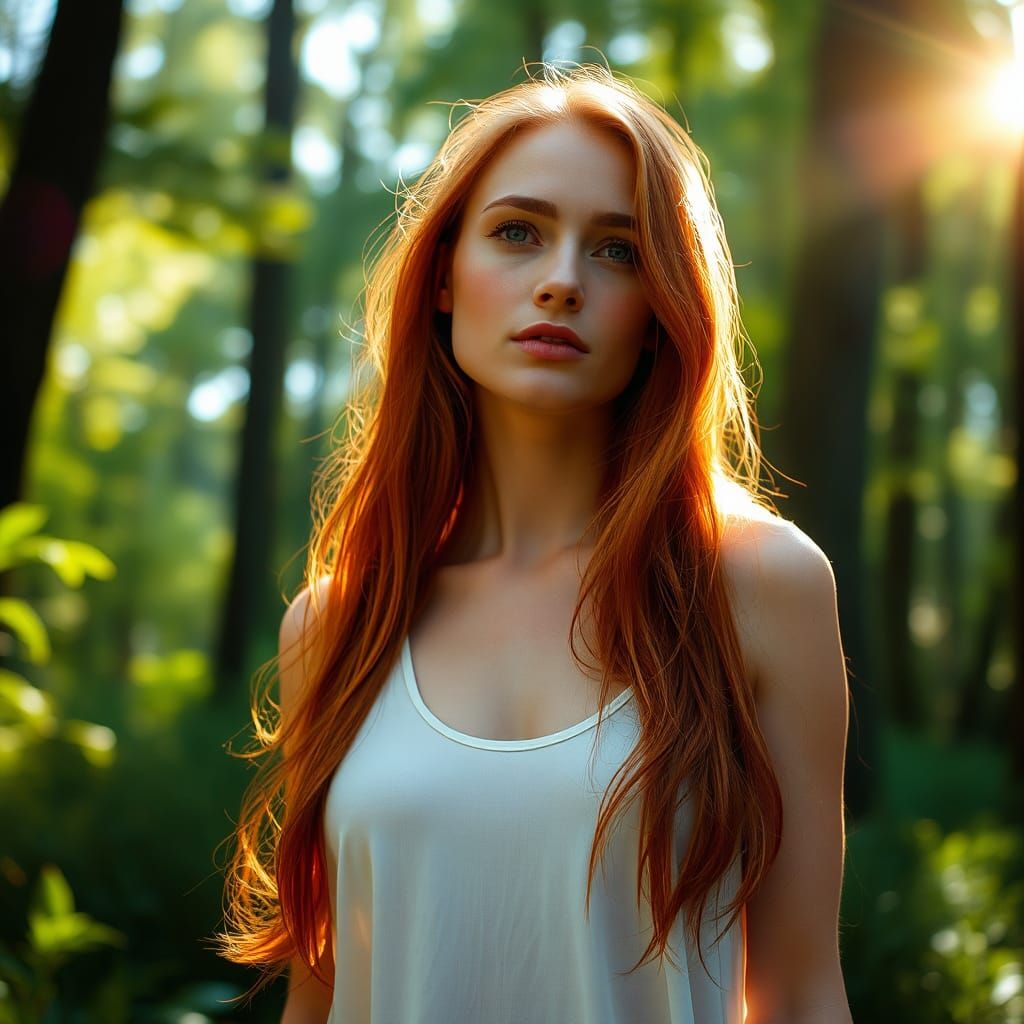 Contemplative Redhead in Sun-Dappled Forest