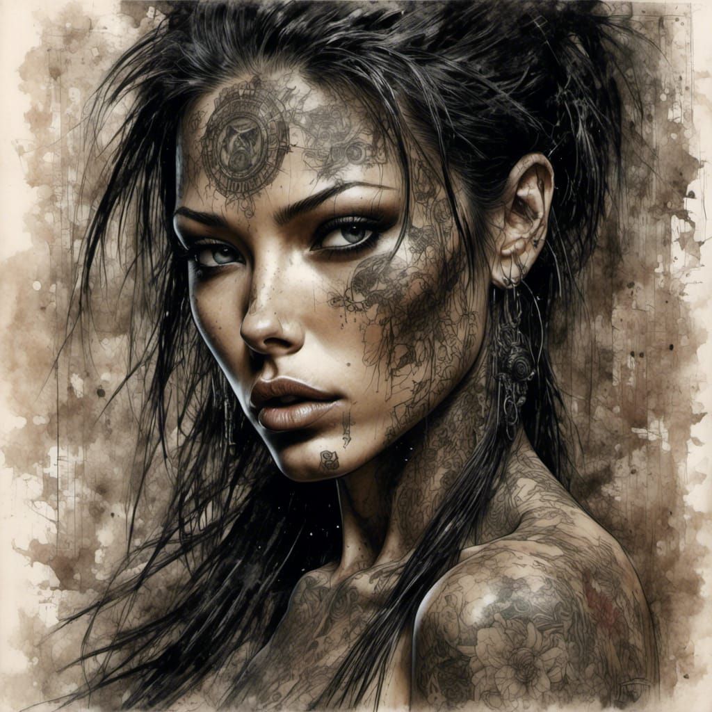 Tattooed Woman Portrait in Dark Fantasy Style