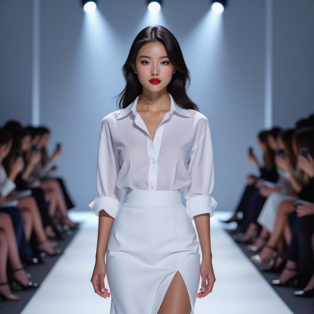 Elegant Korean Model on Runway, Anime-Inspired 3D Art
