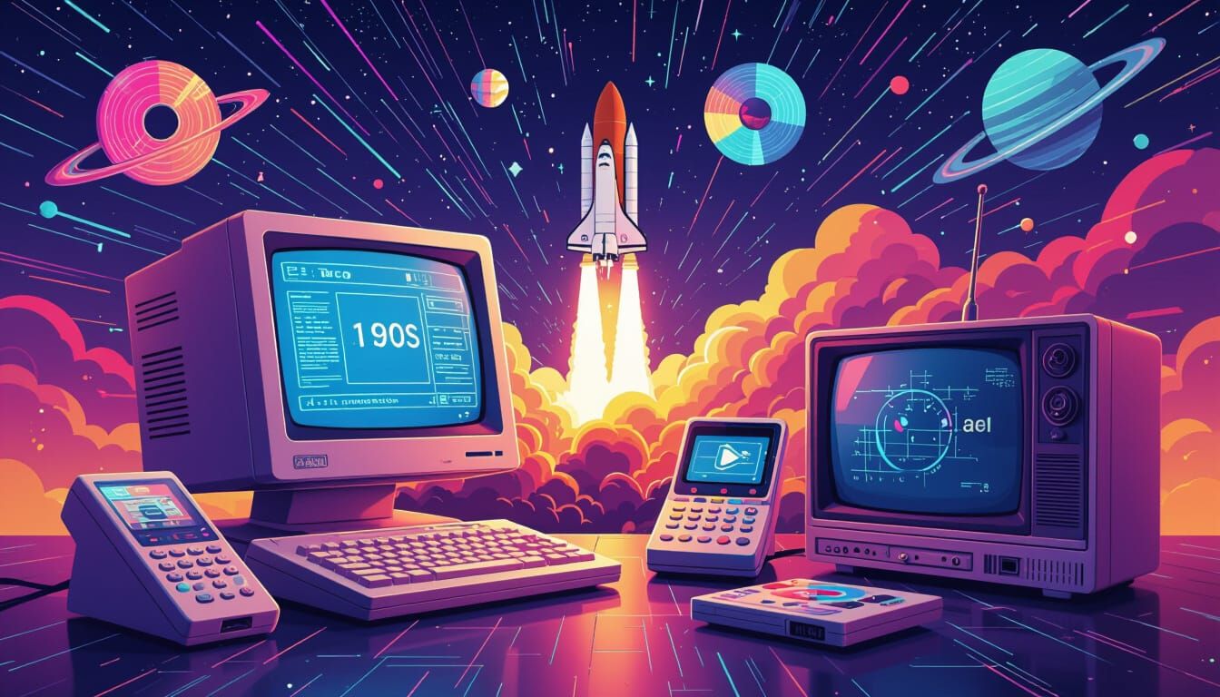 Retro Futuristic Collage of Late 20th Century Inventions