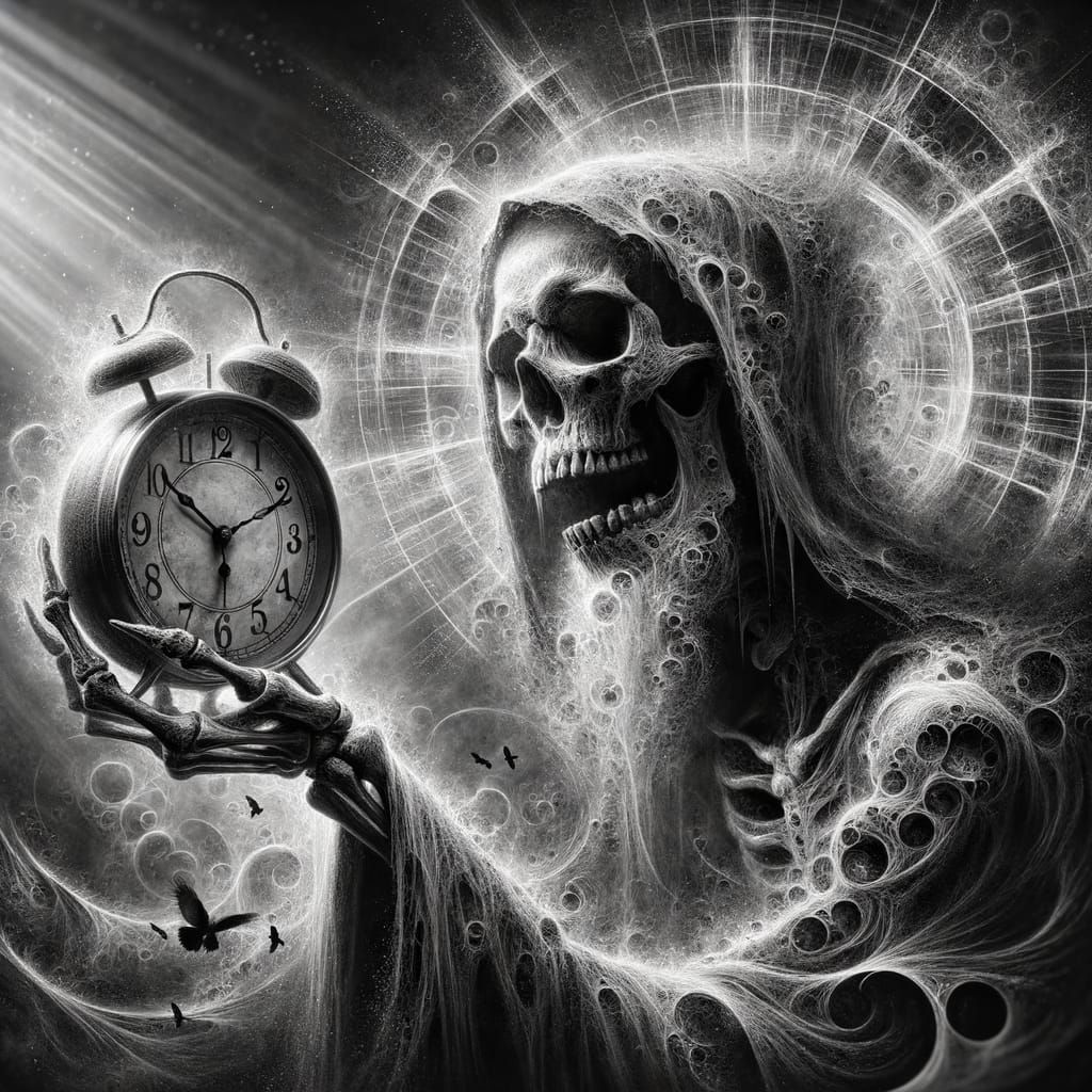 Monochrome Sketch of Death Holding Clock