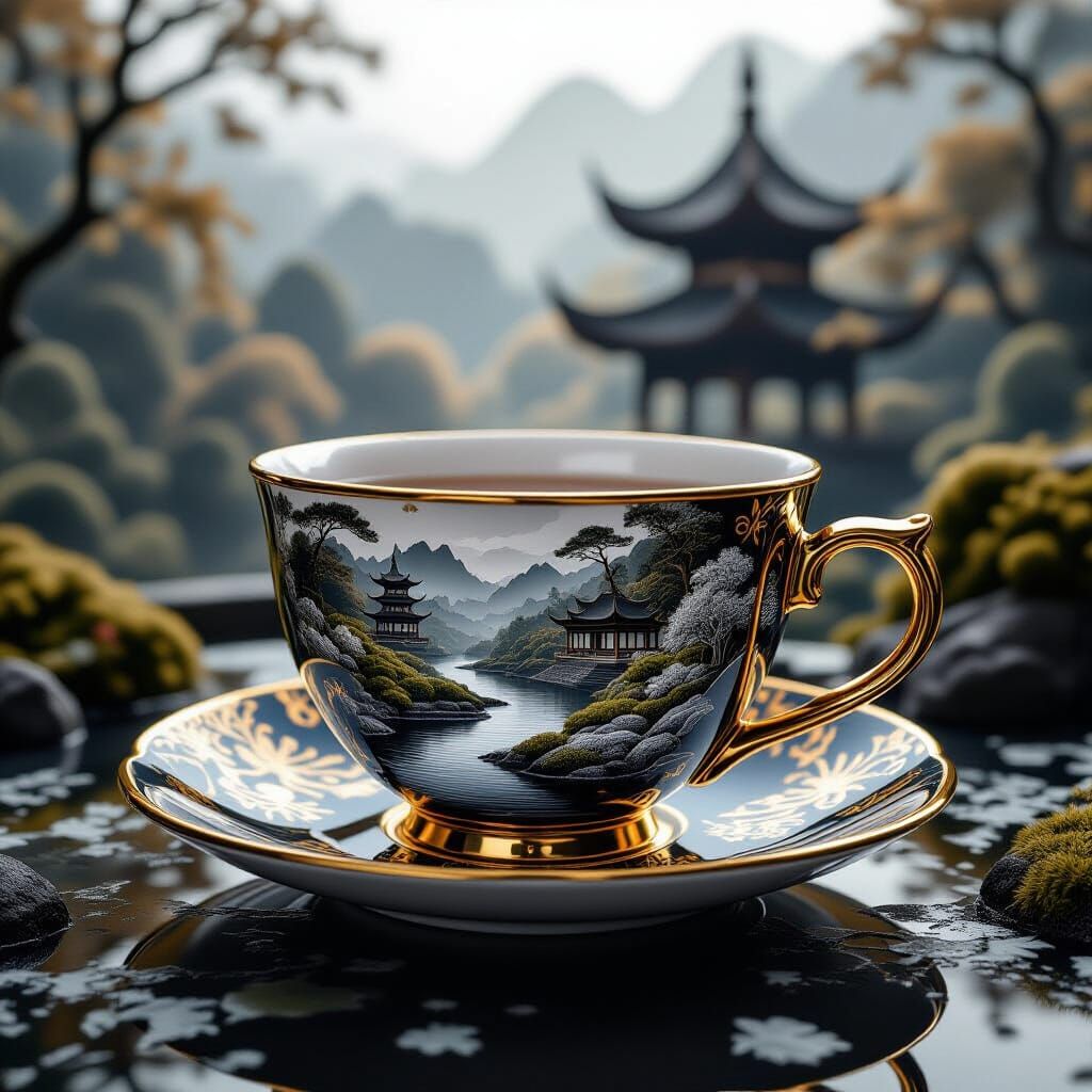 Surreal Tang Dynasty Tea Cup with Garden Double Exposure