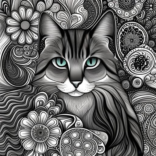 Intricate Cat and Flowers Coloring Page in Zentangle Style