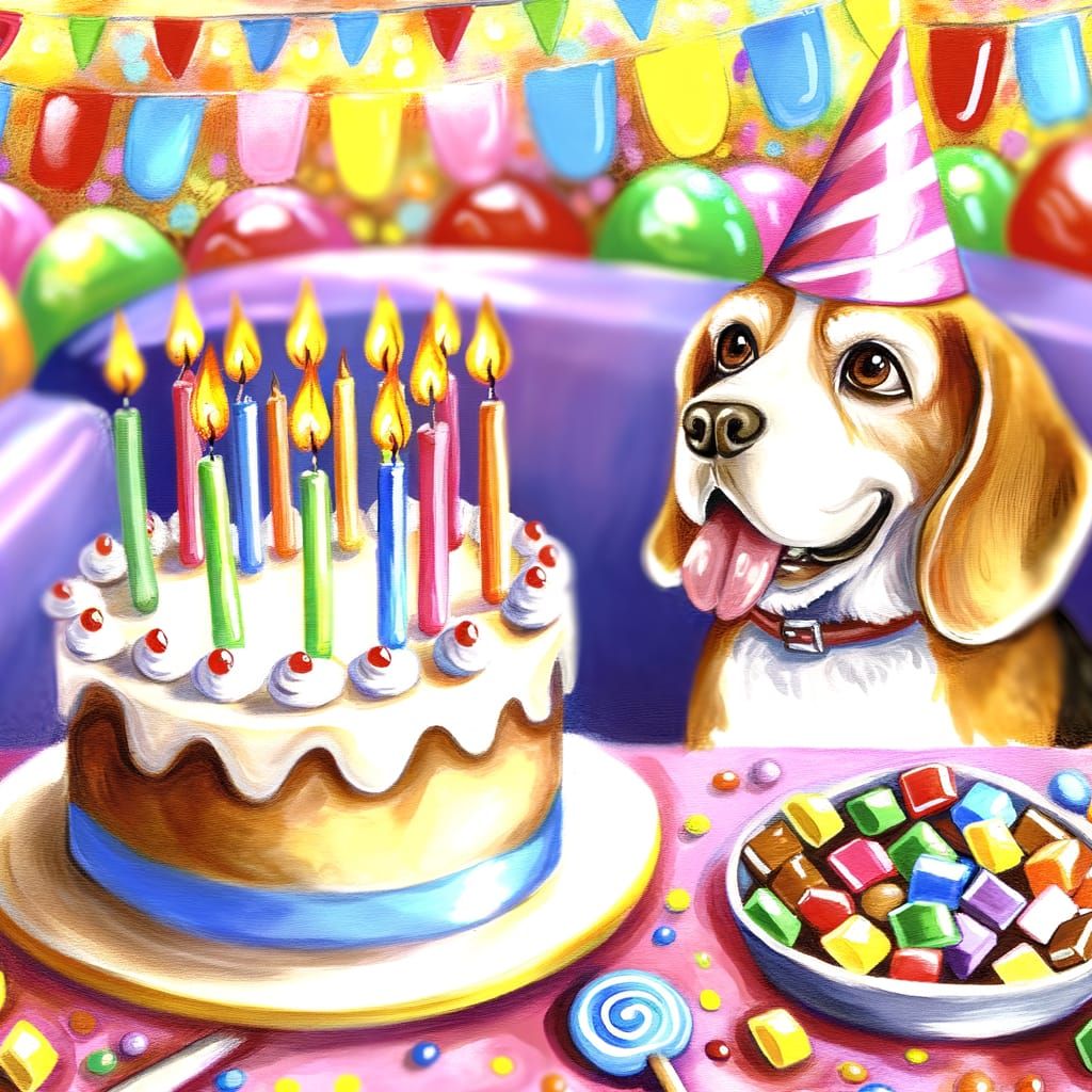 Beagle Birthday Party in Gouache Style