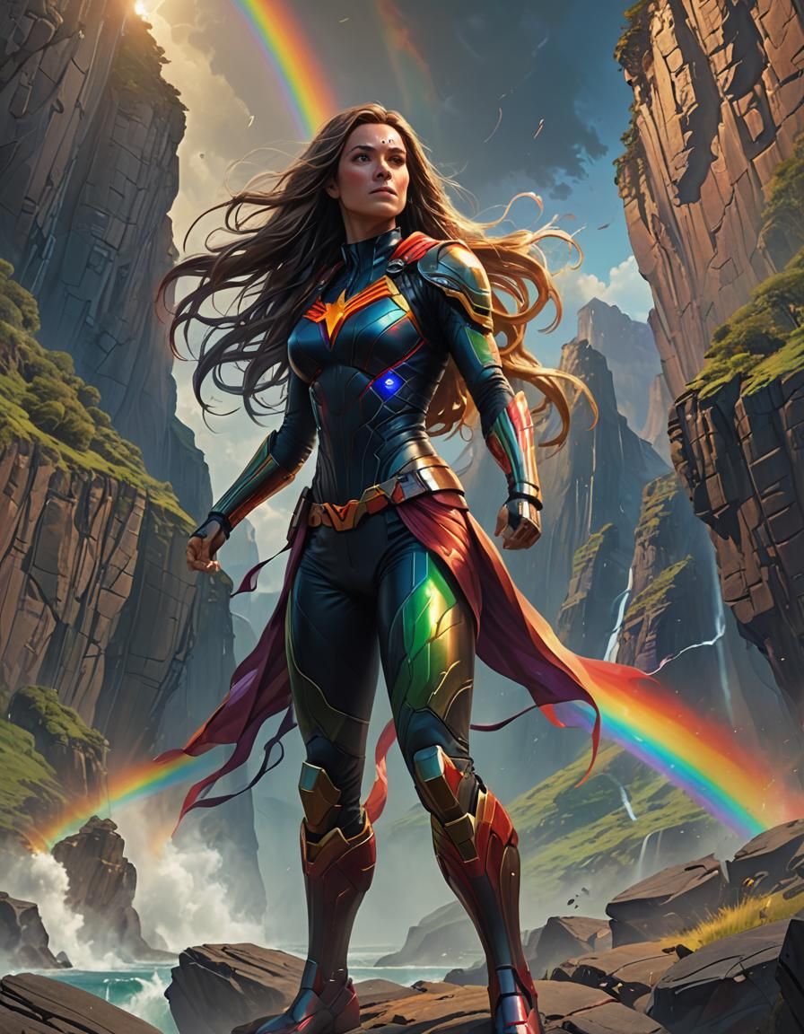 Heroic Superheroine on Rainbow Cliffside: Fantasy Concept Ar...