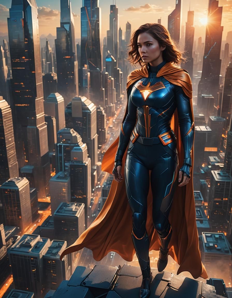 Female Superhero Posing in Futuristic Cityscape