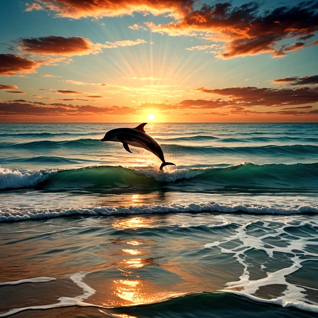 Ocean Sunrise with Dolphin: Detailed Matte Painting