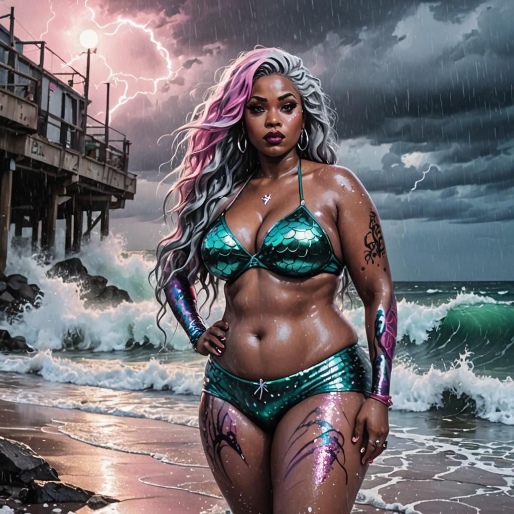 Anime Mermaid Beach Scene in Winter Storm