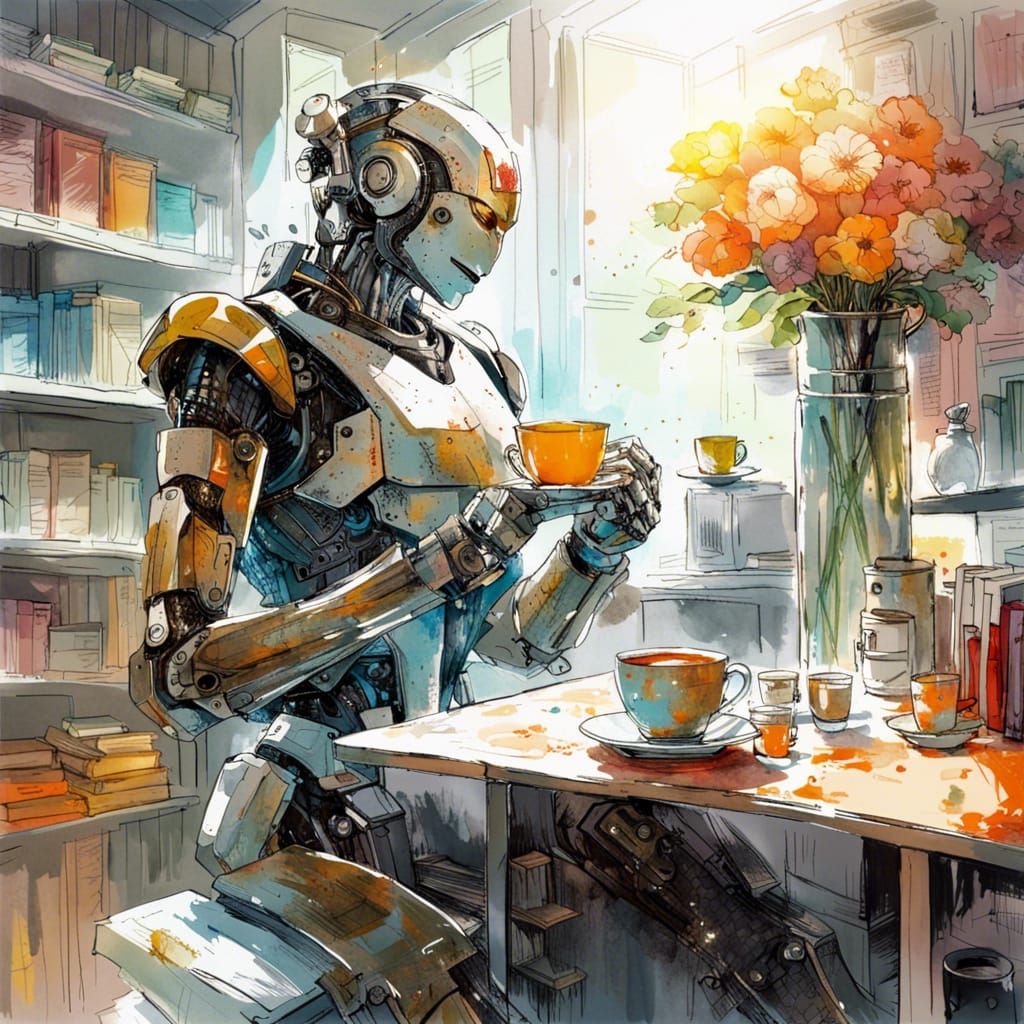 Futuristic Robot Serving Tea: Detailed Studio Photo