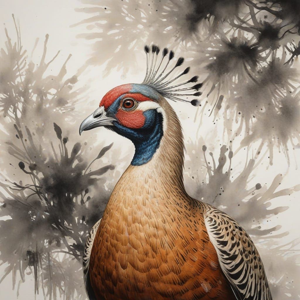 Golden Pheasant Portrait in Chinese Ink Wash Style