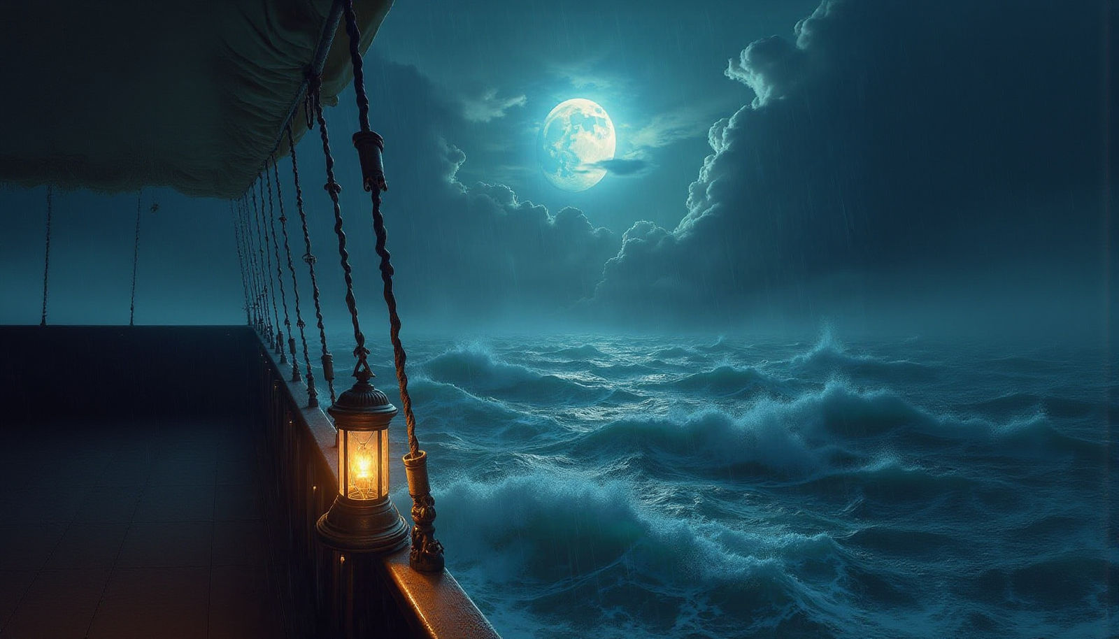 Ancient Greek Galley in Storm Under Opalescent Moon