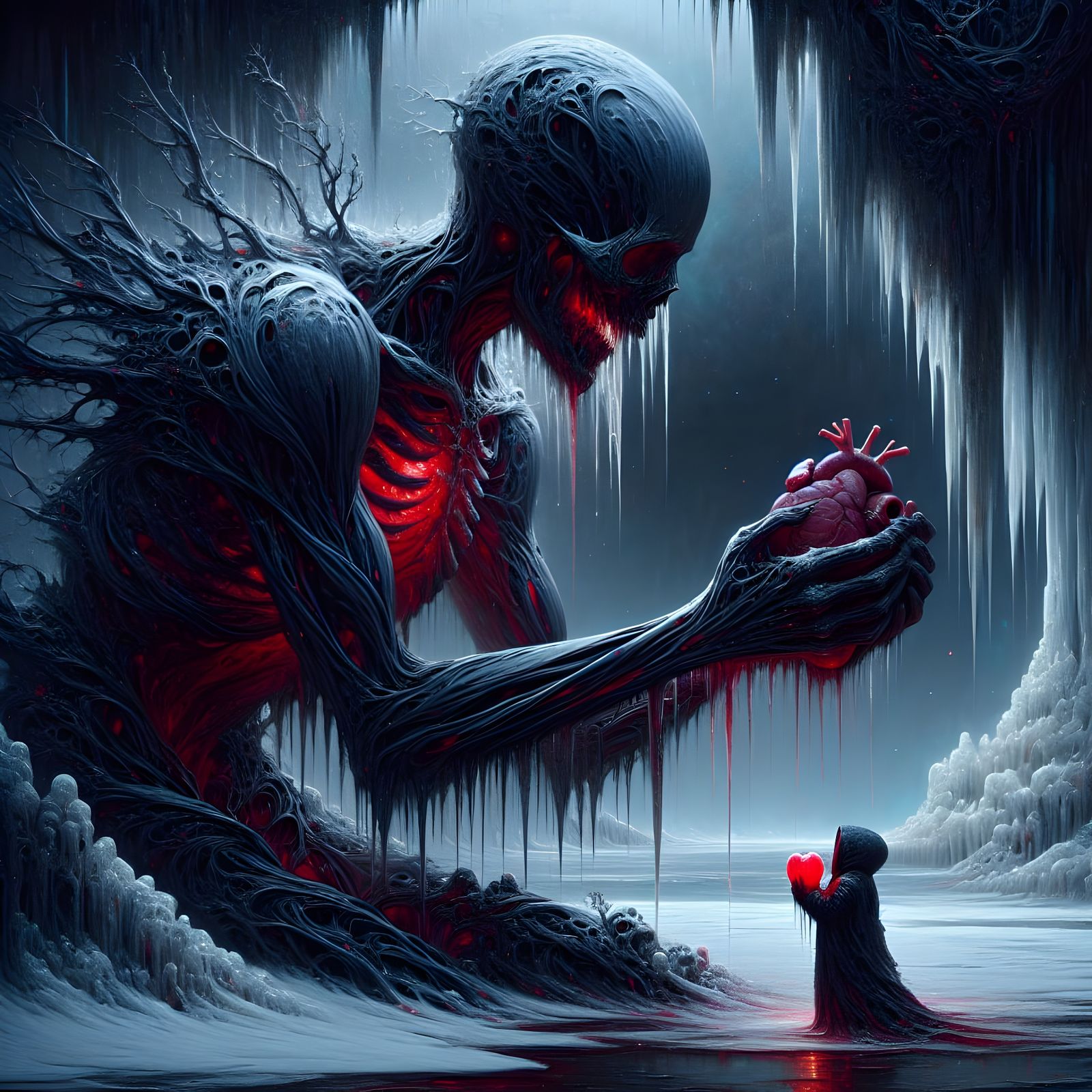 Macabre Embrace: Surreal Digital Art of Ice and Melancholy