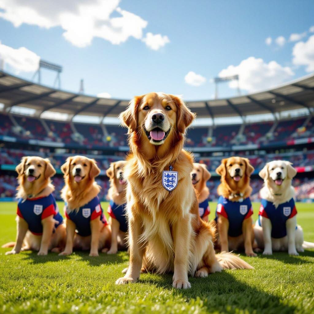 Golden Retrievers as England Football Team in Stadium