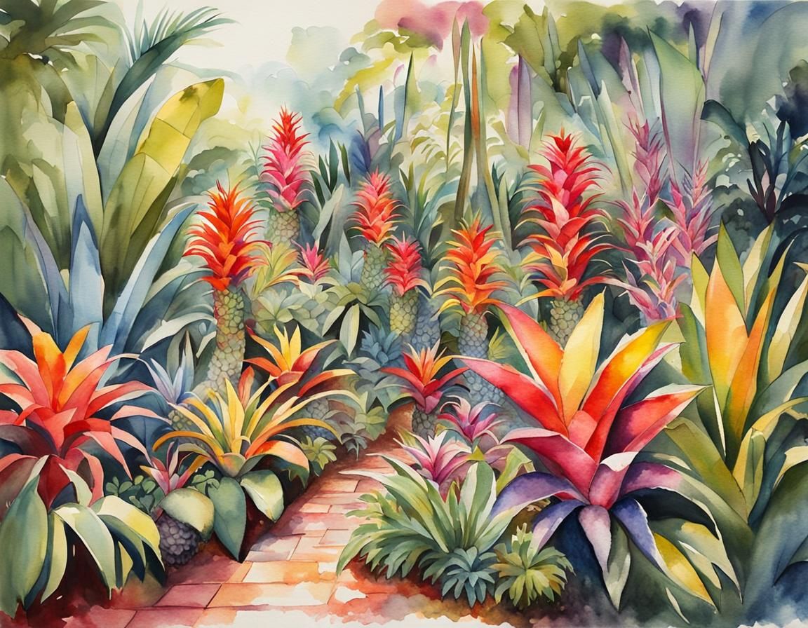 Bromeliads in Bloom: A Watercolour Garden Scene