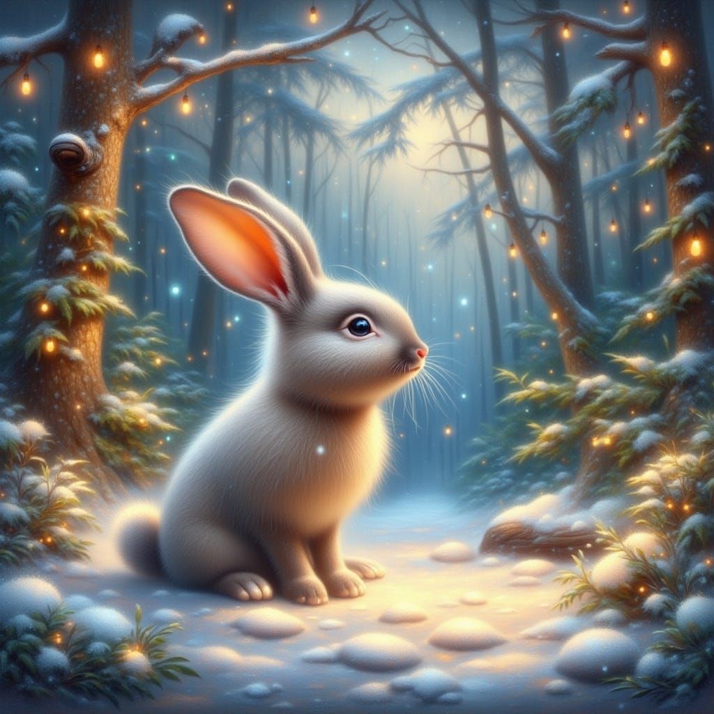 Whimsical Christmas Forest Scene with Rabbit and Magical Glo...