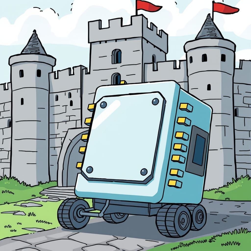 Cartoon Microchip Battering Ram at Medieval Castle