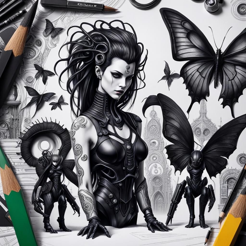 Gothic Woman in Pain: Surreal Crayon Drawing