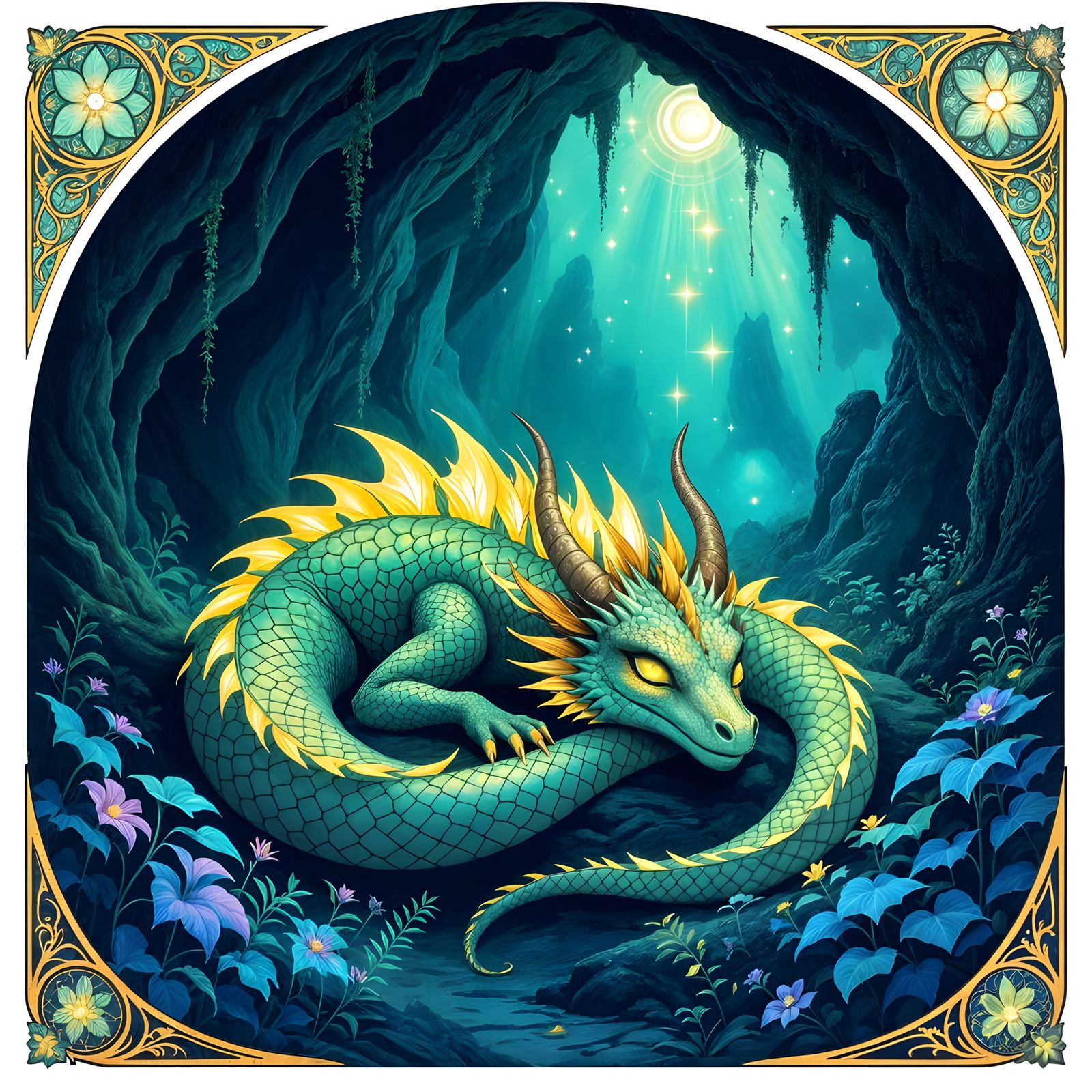 Bioluminescent Dragon Asleep in Glowing Cave