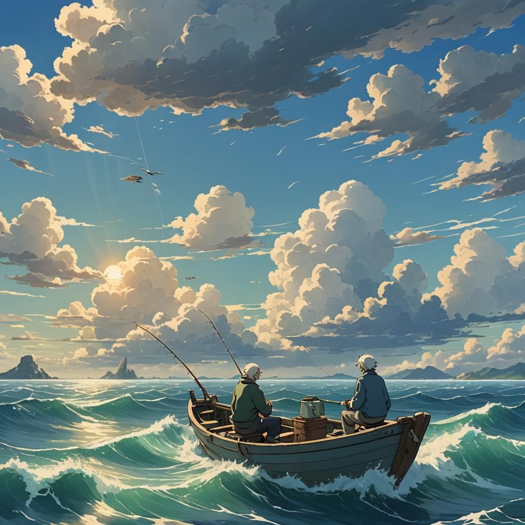 Old Man Fishing: Studio Ghibli Anime Style