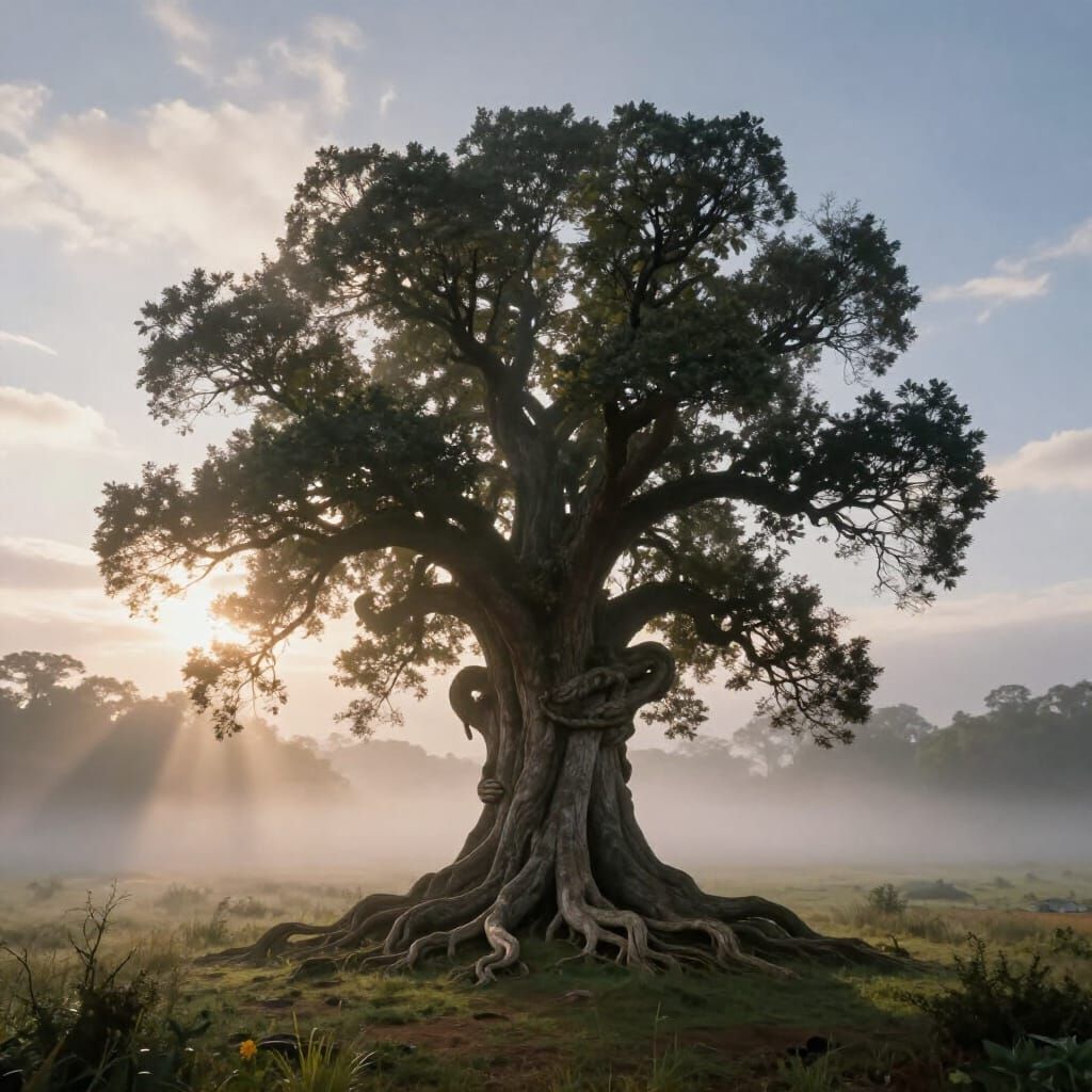 Ancient Tree Roots Embrace Misty Valley at Dawn
