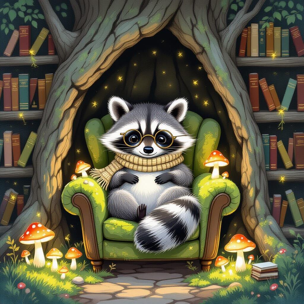 Bioluminescent Raccoon Reading in Enchanted Tree
