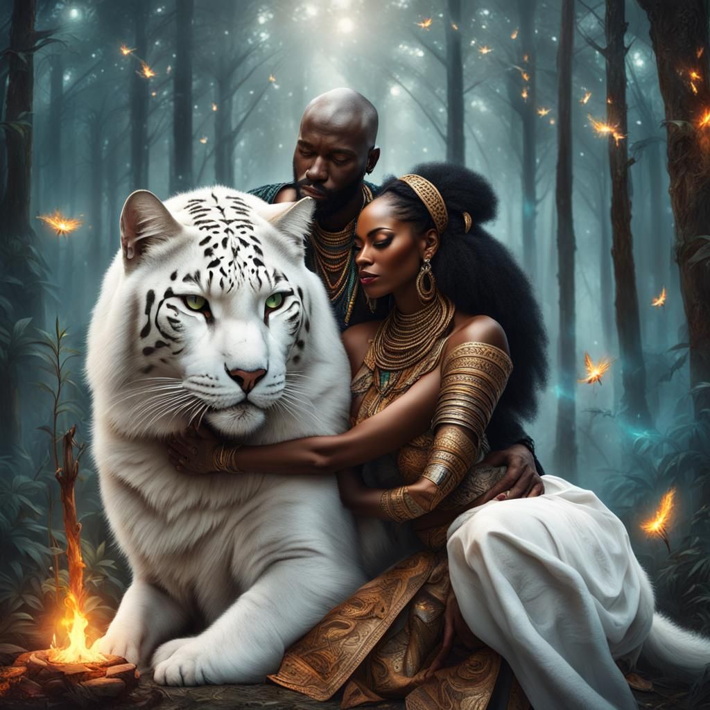 Surreal Forest Scene: Woman, Shaman, and White Cat