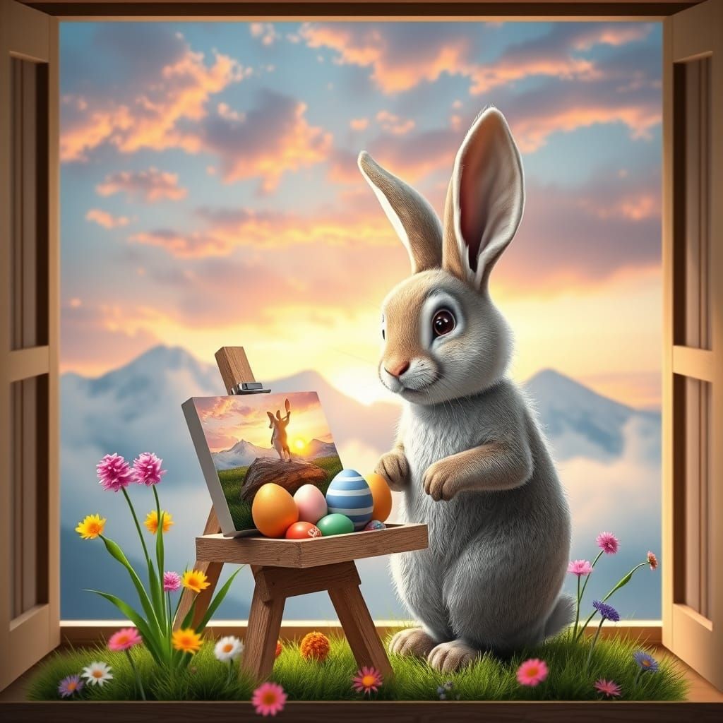 Cgi adorable Easter bunny at a easel workbench painting eggs for Easter include the palette of colors and a egg painted ...