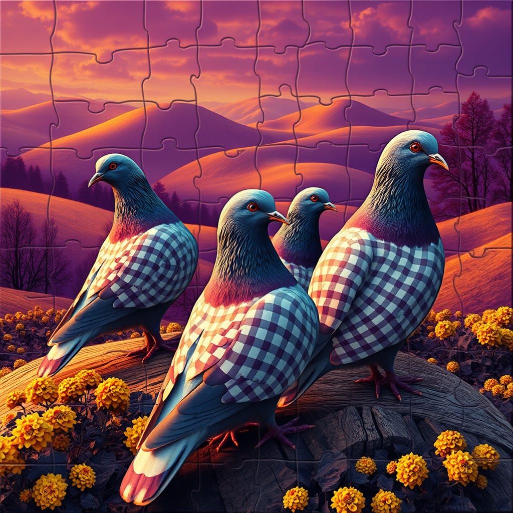 Gingham Fantasy Jigsaw of Pigeons in Whimsical Landscape