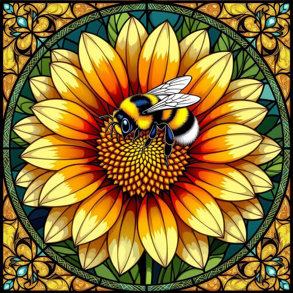 Bee Sleeping on Dahlia Flower in Art Nouveau Style