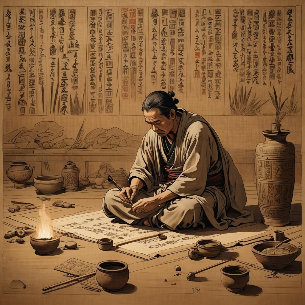 Scribe Creating Hieroglyphs: Matte Painting in Art Deco Styl...