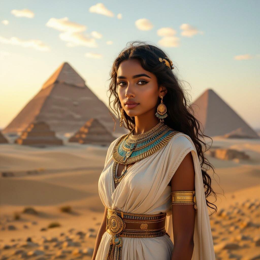Egyptian Girl in Pharaonic Attire Before Giza Pyramids