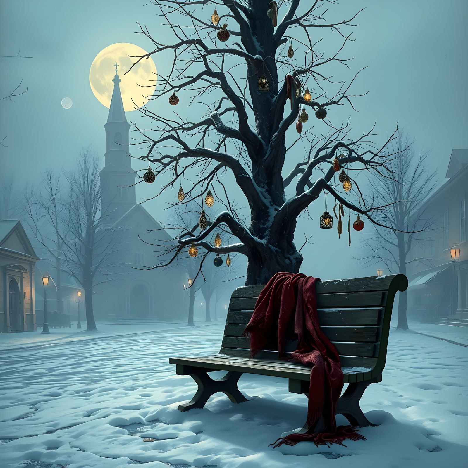 Ethereal Christmas Eve Square in Moonlit Snow