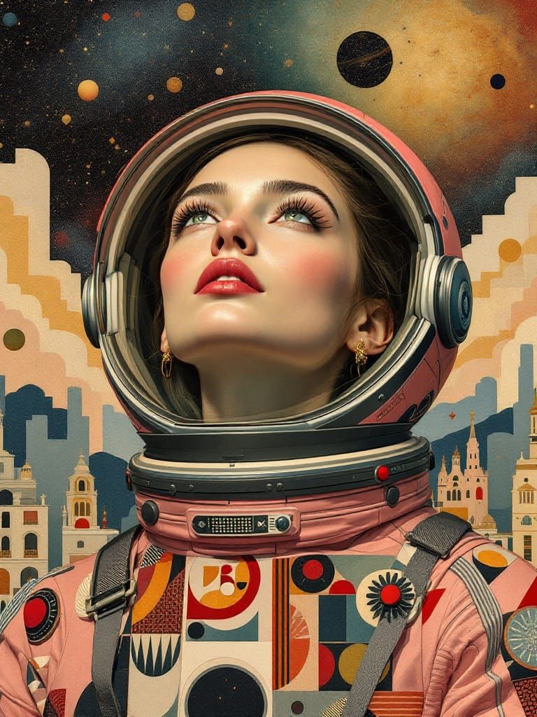 Dreamy Astronaut in Retro Pink, Surrounded by Geometric Tape...