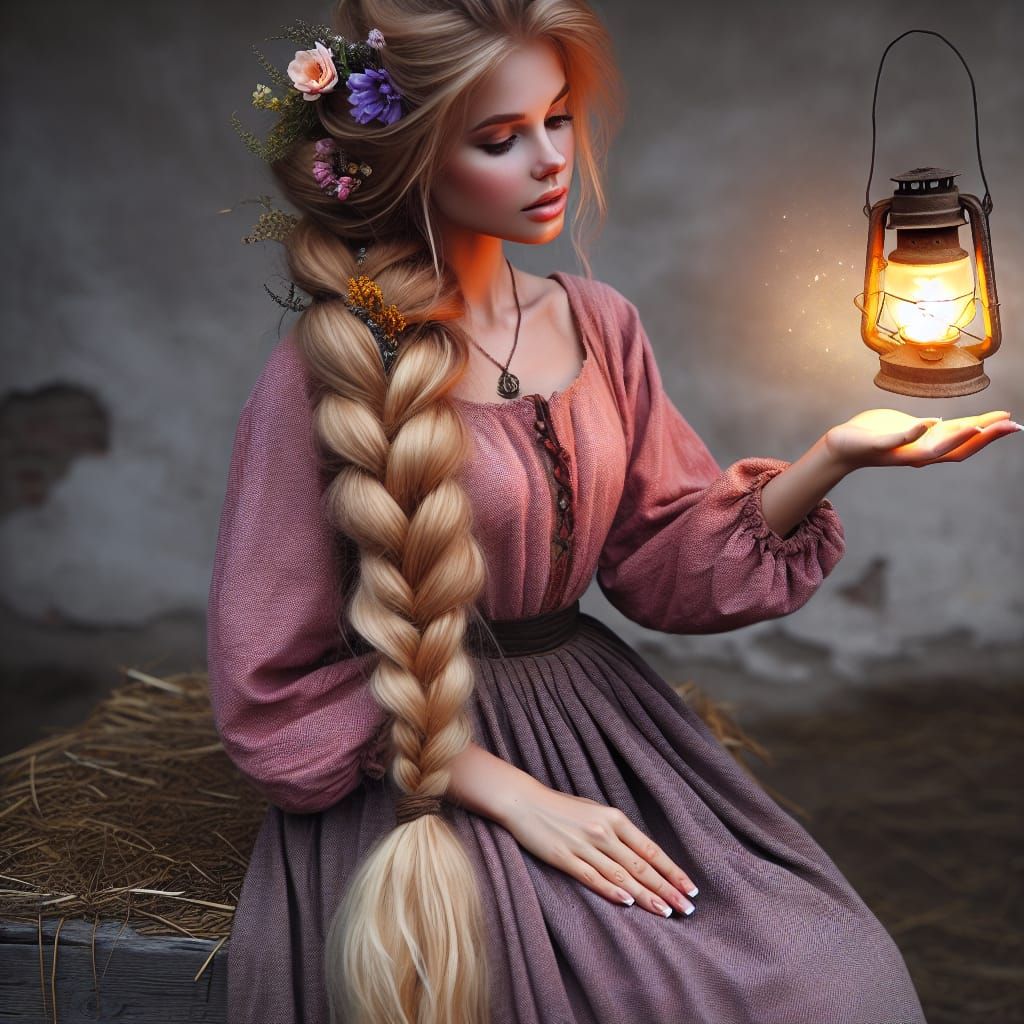 Woman with Braids and Lantern in Rural Setting