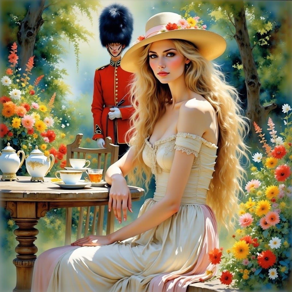 Elegant Blonde Woman in Sunlit Garden, Impressionistic Portr...