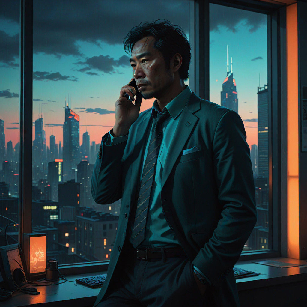 Asian Executive in Office Setting, Cyberpunk Aesthetic