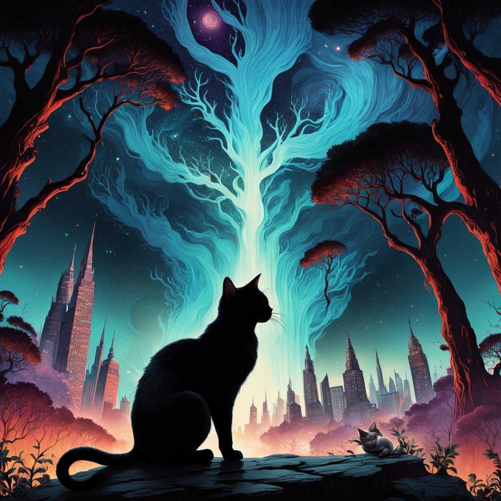 Surreal Cat Silhouette Overlooking Galaxy Cityscape