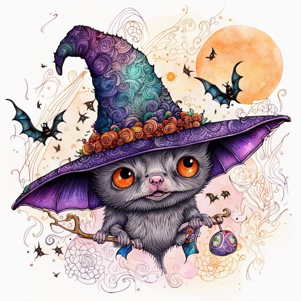 Magical Bat Flying Around Witch Hat in Watercolor