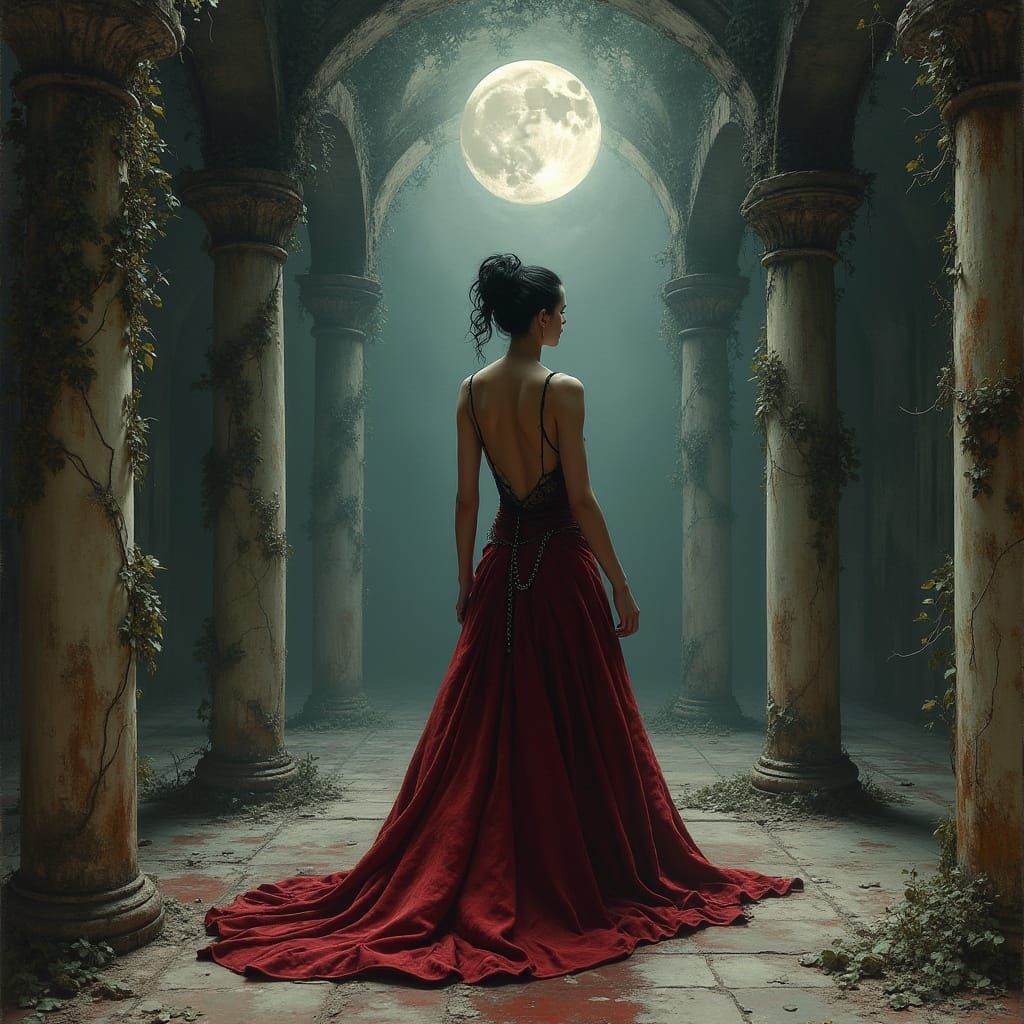 Gothic Dancer in Moonlit Ballroom Ruins, Impasto Style