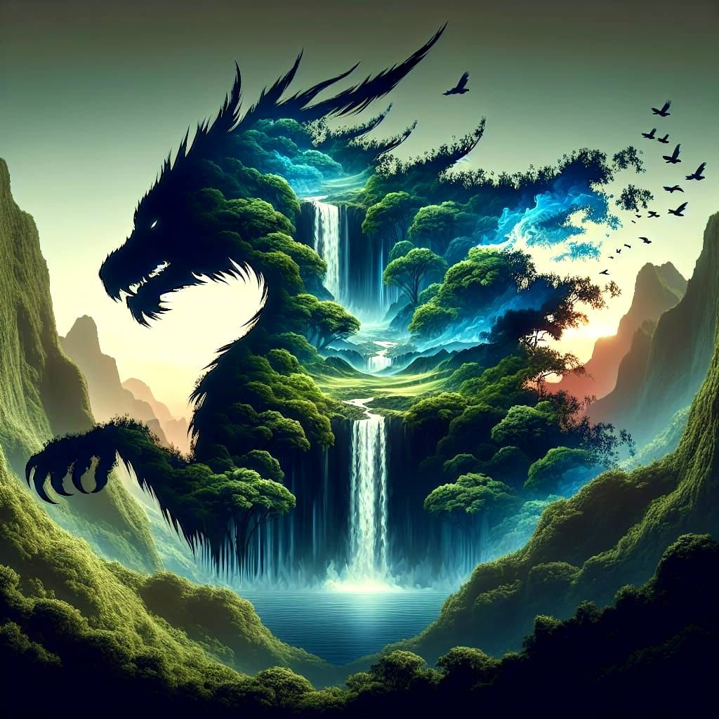 Majestic Dragon Silhouette Containing Jungle Waterfall