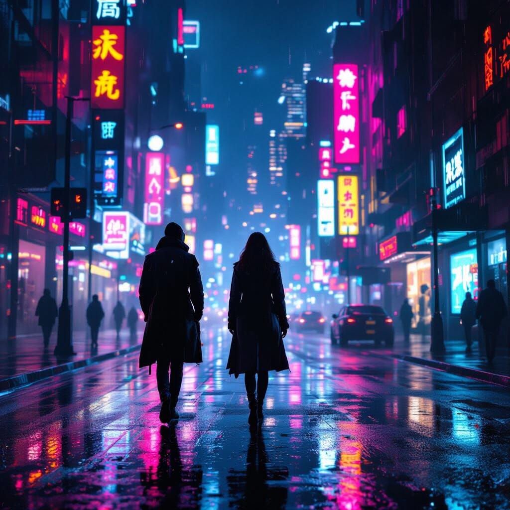 Cyberpunk Cityscape at Night in Neon Rain
