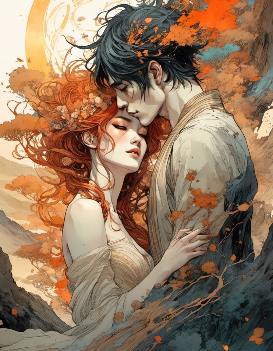 Poetic Anime Landscape with Lovers, Watercolor Style