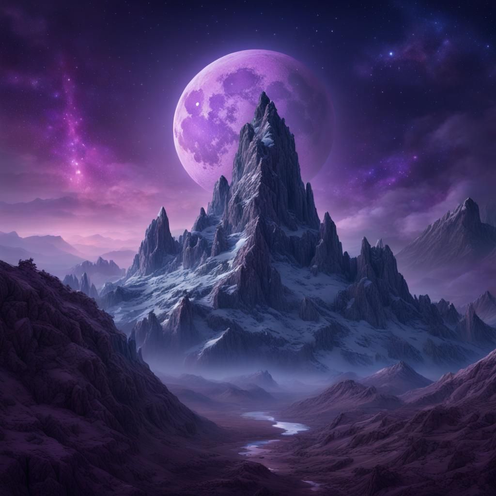 Mystical Mountain Under Starry Sky: Digital Matte Painting