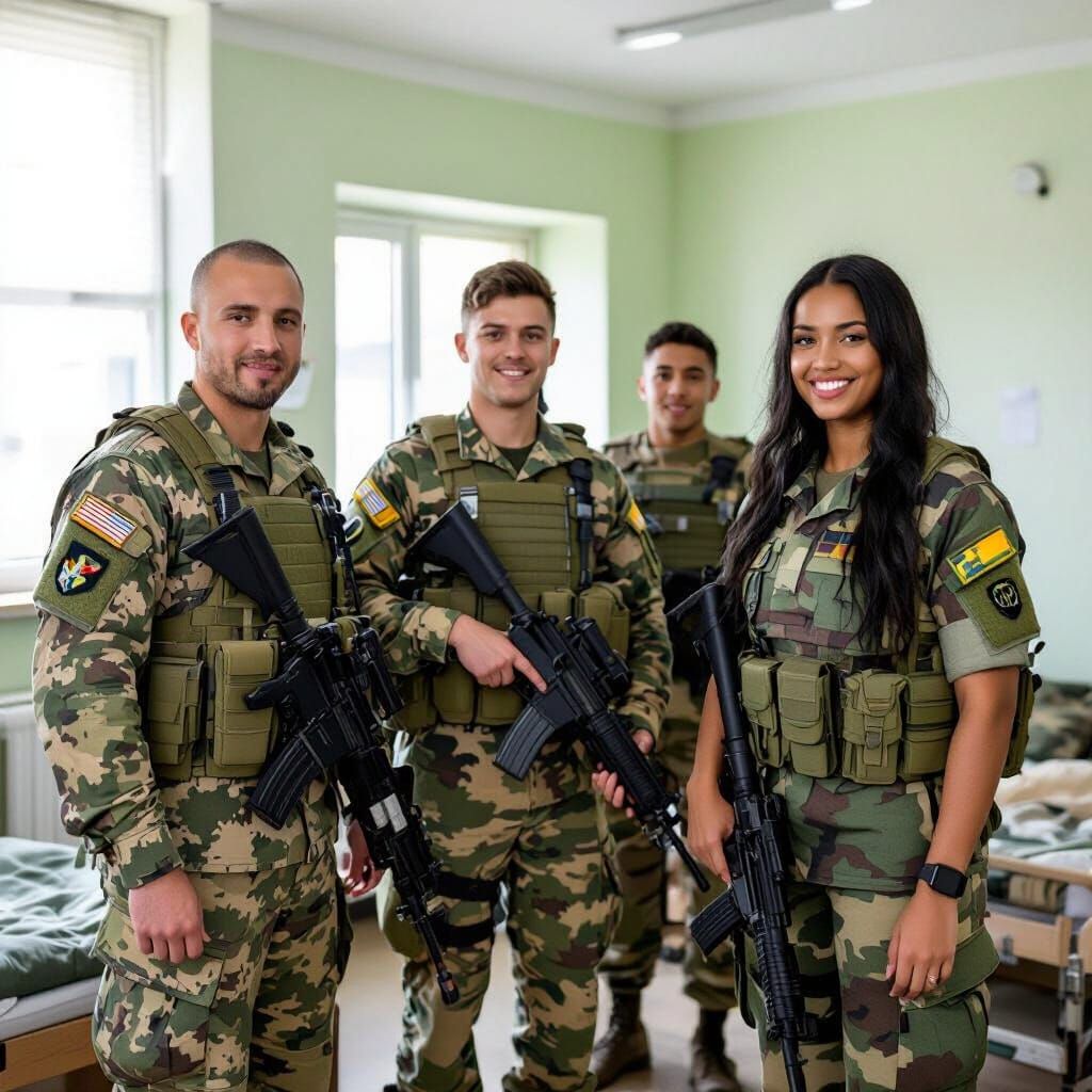 Diverse Soldiers in Barracks, Realistic Comic Art Style