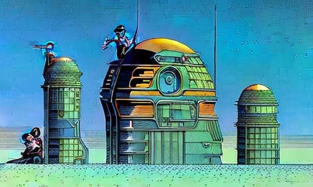 Vulnerable Figure in Cyberpunk World: Moebius Style