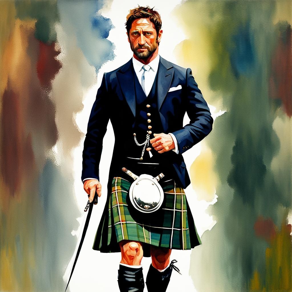 Gerard Butler in Kilt: Gouache Impressionist Style